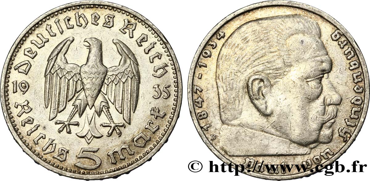 ALLEMAGNE 5 Reichsmark Aigle / Maréchal Paul von Hindenburg 1935 Munich TTB+ 