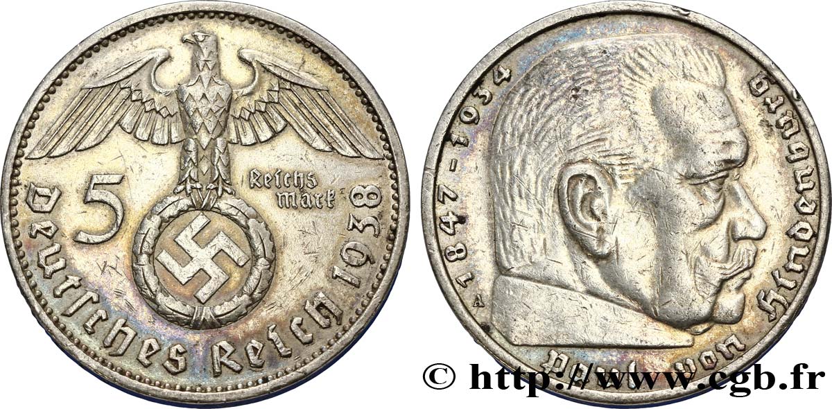 ALLEMAGNE 5 Reichsmark aigle surmontant une swastika / Maréchal Paul von Hindenburg 1938 Berlin TTB 