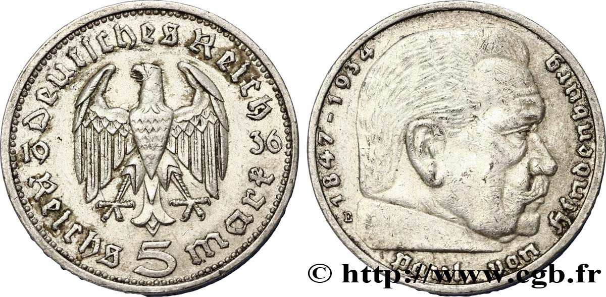 ALLEMAGNE 5 Reichsmark Maréchal Paul von Hindenburg 1936 Muldenhütten - E TTB 