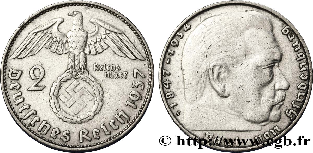ALLEMAGNE 2 Reichsmark aigle surmontant une swastika / Maréchal Paul von Hindenburg 1937 Hambourg - J TTB 