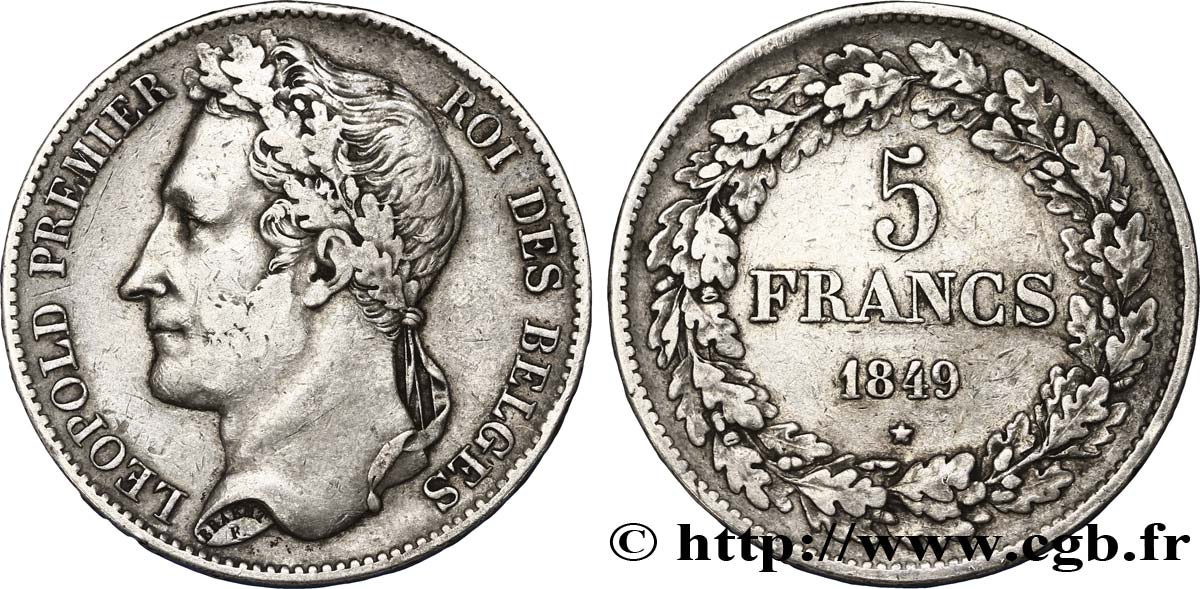 BELGIQUE 5 Francs Léopold Ier tête laurée 1849  TTB 