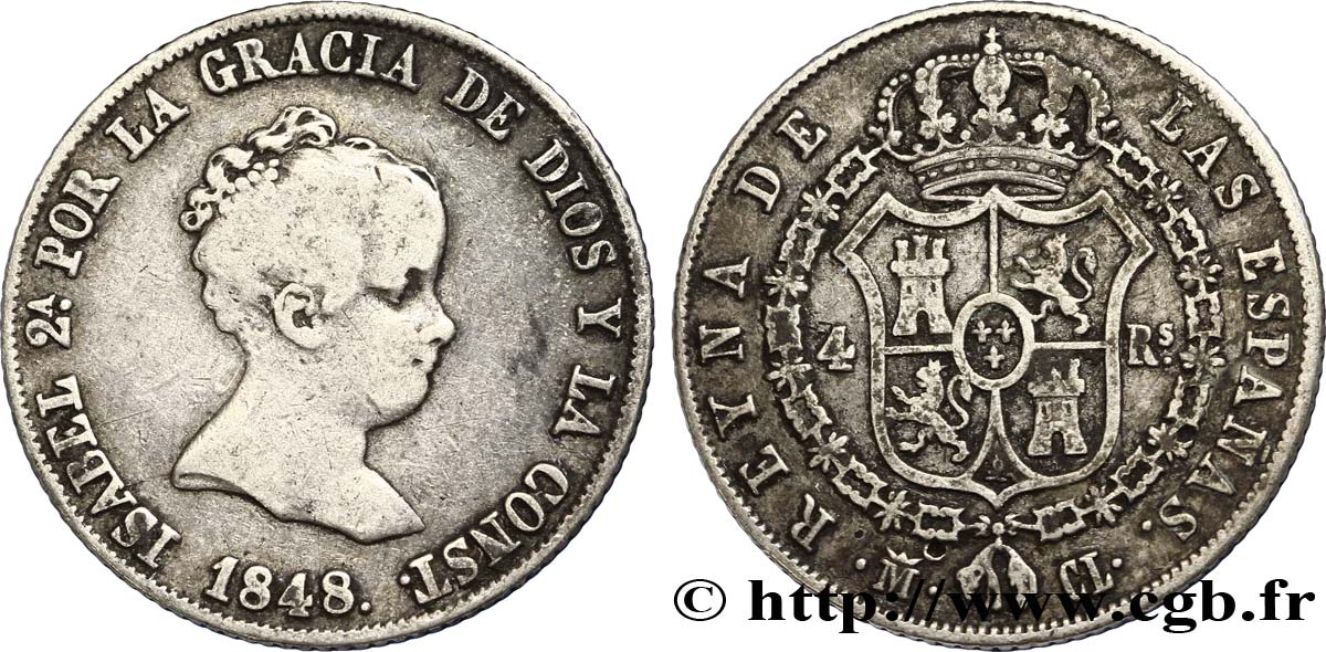 ESPAGNE 4 Reales Isabelle II 1848 Madrid TB+ 