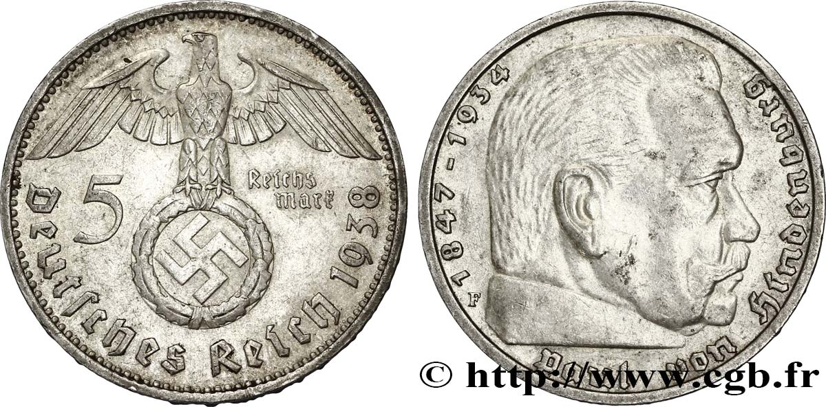 ALLEMAGNE 5 Reichsmark Aigle / Maréchal Paul von Hindenburg 1938 Stuttgart - F TTB 