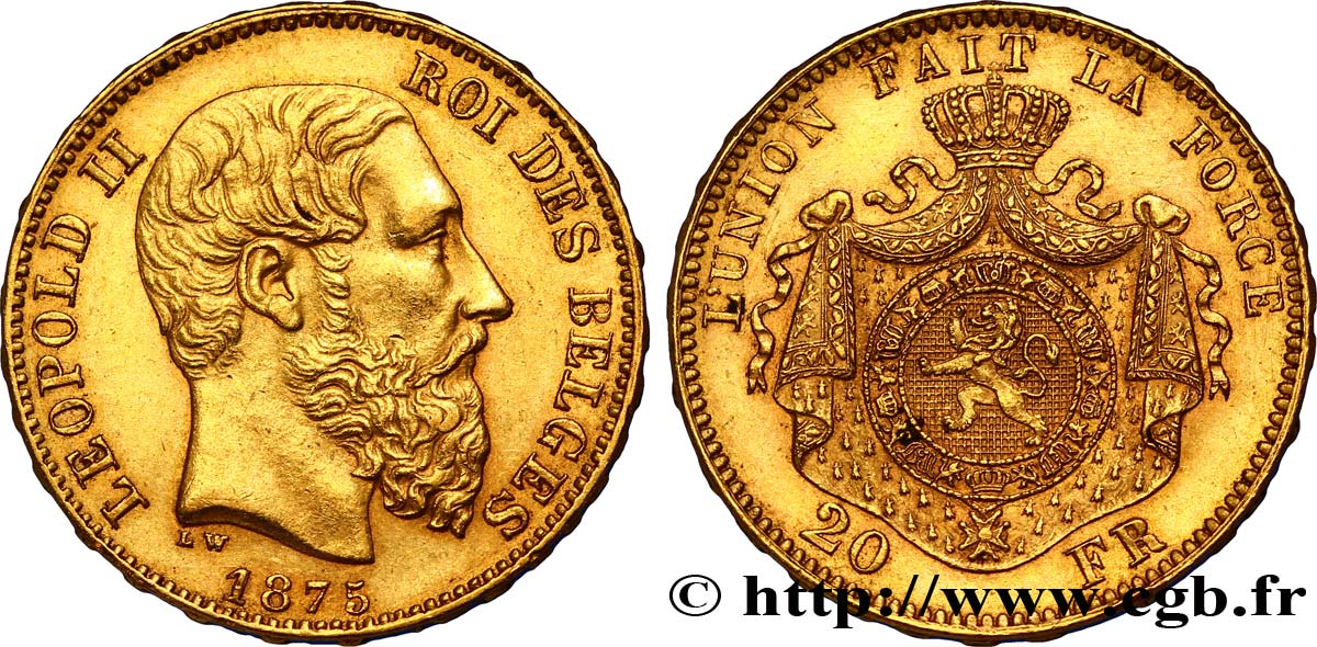 BELGIQUE 20 Francs or Léopold II  tranche position A 1875 Bruxelles TTB+ 