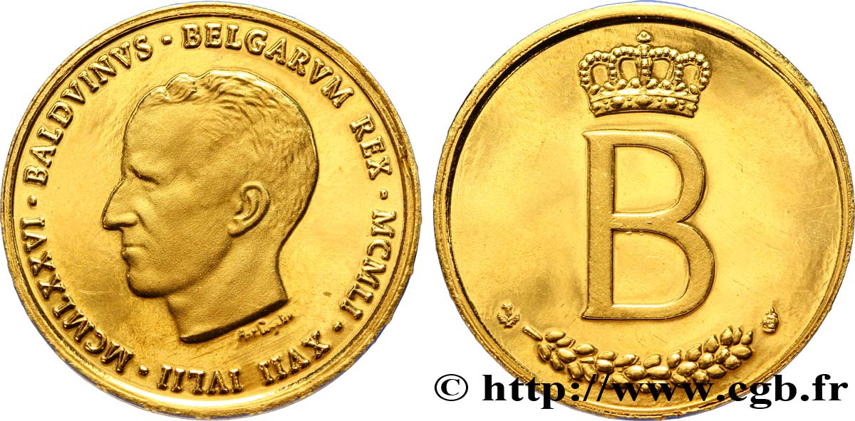 BELGIQUE Module de 20 Francs Or, 25e anniversaire de règne de Baudouin Ier / B couronné, légende en latin 1976 Bruxelles FDC 