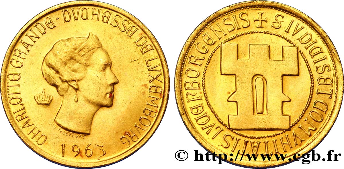 LUXEMBOURG Médaille en or Grande-Duchesse Charlottte, module de 20 Francs or 1963 Bruxelles SPL 