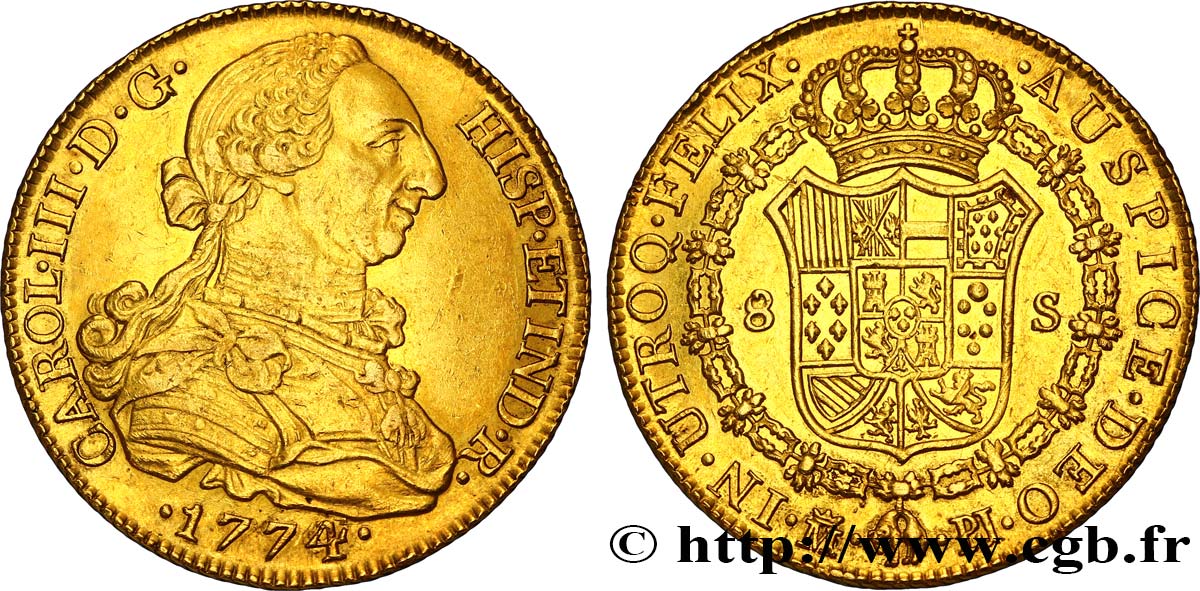 SPAIN 8 Escudos Charles III 1774 Madrid AU/AU 