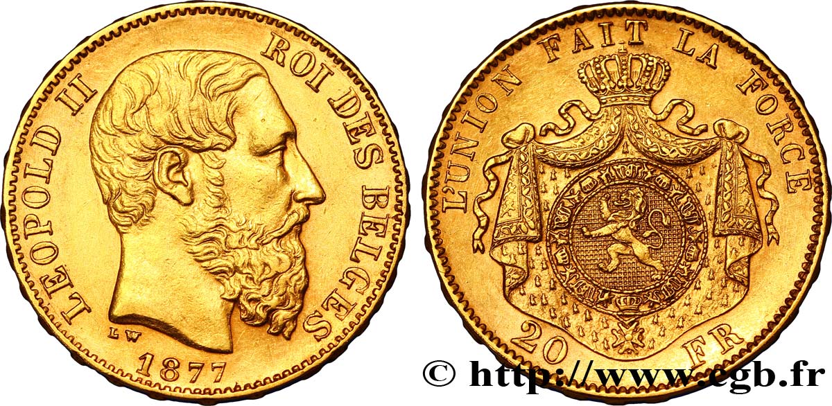 BELGIQUE 20 Francs Léopold II 1877 Bruxelles SUP 