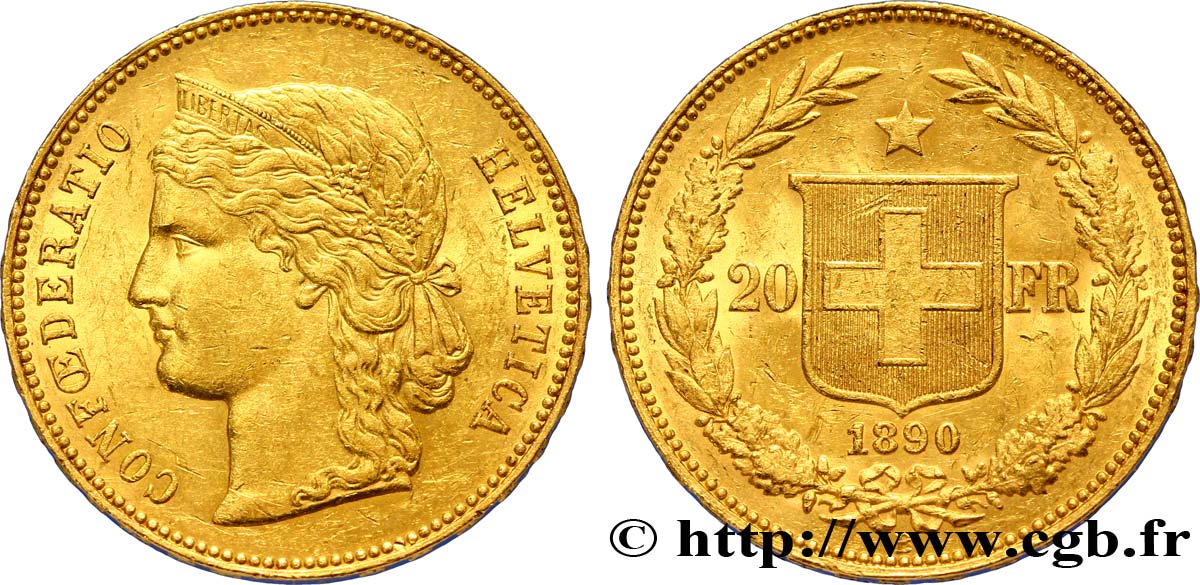 SUISSE 20 Francs or buste diadémé d Helvetia / croix suisse 1890 Berne - B SUP 