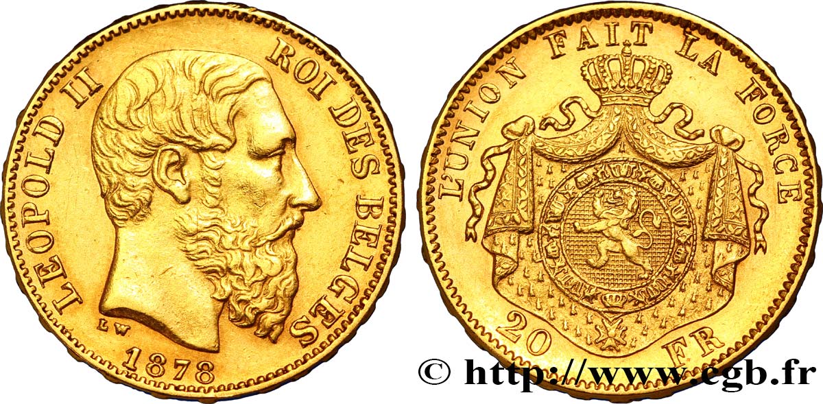 BELGIQUE 20 Francs or Léopold II  tranche position A 1878 Bruxelles TTB 