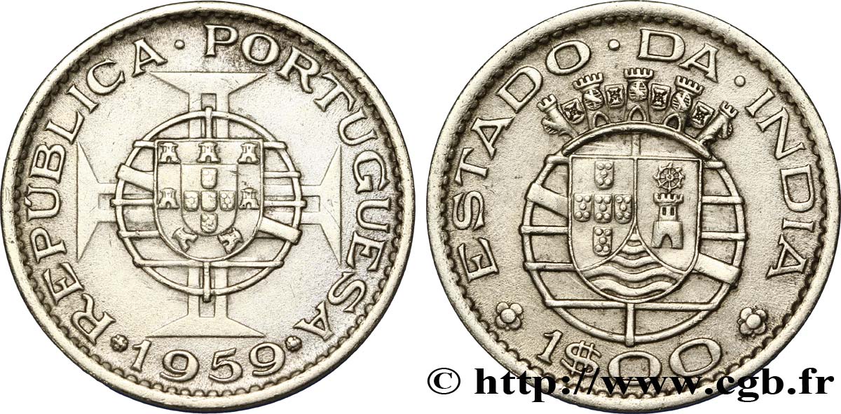 INDE PORTUGAISE 1 Escudo emblème du Portugal / emblème de l’État portugais de l Inde 1959  SUP 