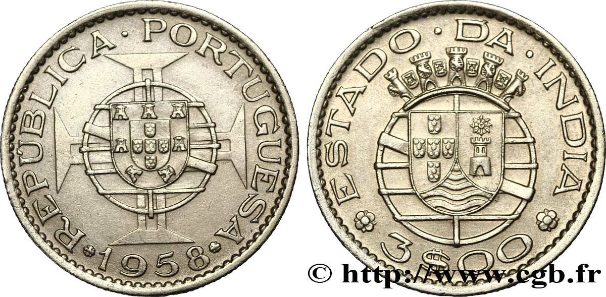 INDE PORTUGAISE 3 Escudos emblème du Portugal / emblème de l’État portugais de l Inde 1958  SUP 