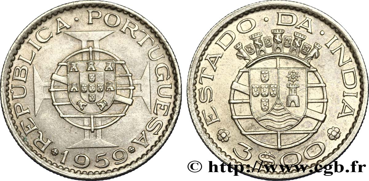 INDE PORTUGAISE 3 Escudos emblème du Portugal / emblème de l’État portugais de l Inde 1959  SUP 