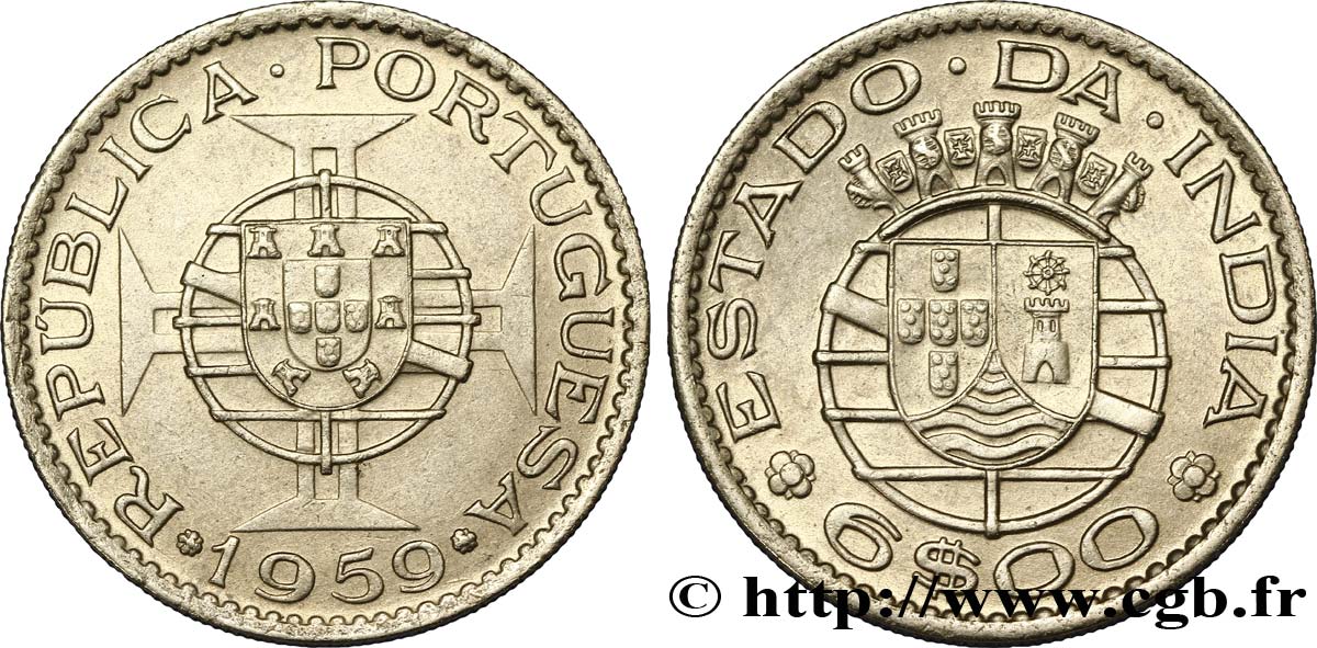 INDE PORTUGAISE 6 Escudos emblème du Portugal / emblème de l’État portugais de l Inde 1959  SUP 