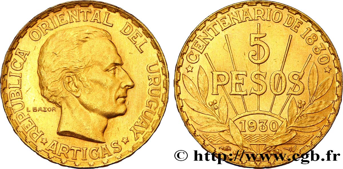 URUGUAY 5 Pesos Centenaire de la constitution 1930 Paris SUP 