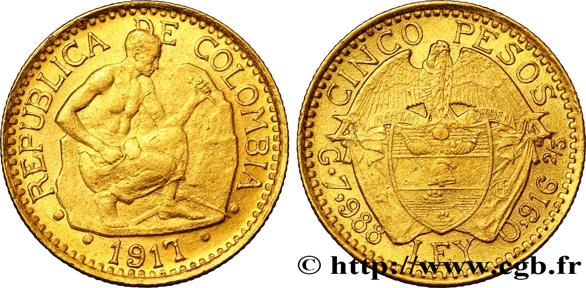 COLOMBIE 5 Pesos or 1917 Bogota SUP 