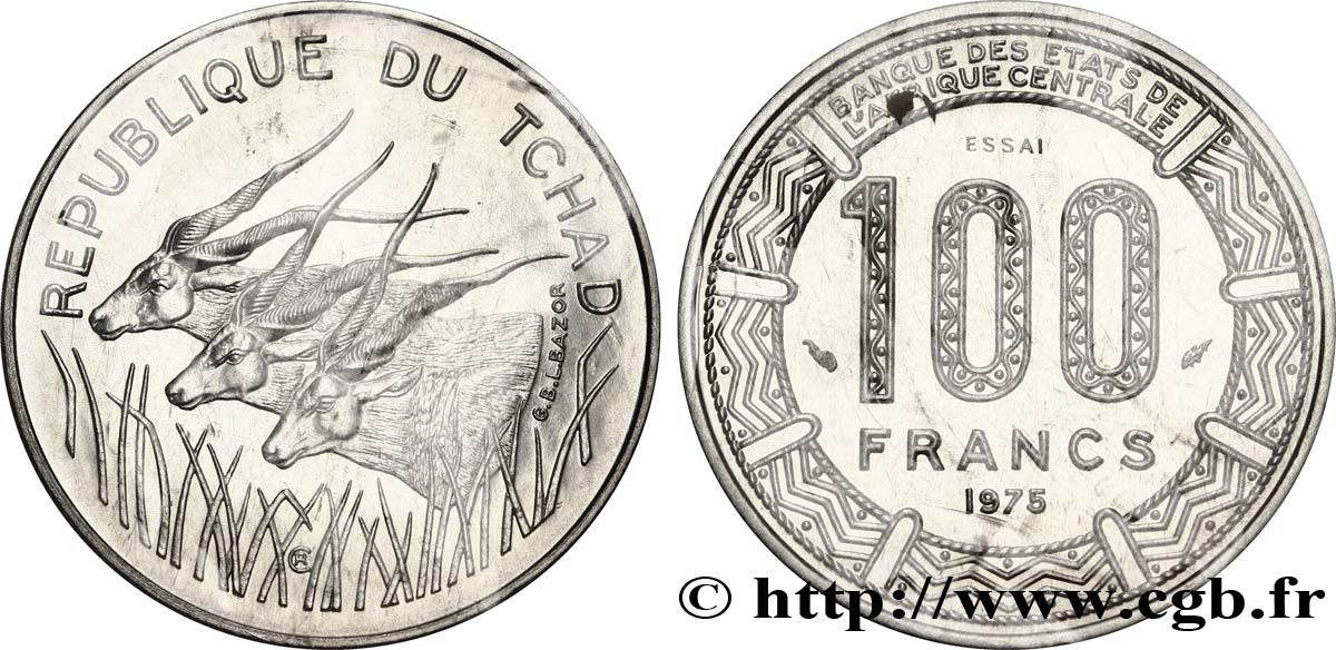 TCHAD Essai de 100 Francs type “Banque Centrale”, antilopes 1975 Paris FDC 