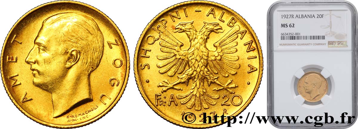 ALBANIA - REPUBLIC, THEN KINGDOM OF ALBANIA - ZOG 20 Franga Ari 1927 Rome MS62 NGC