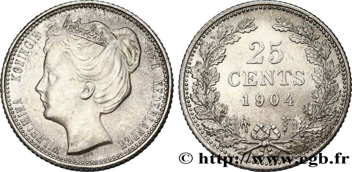 PAYS-BAS 25 Cents Wilhelmine 1904 Utrecht SPL 