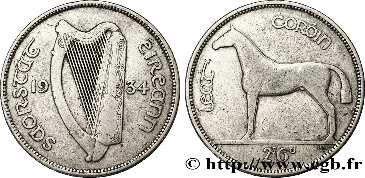 IRLANDE 1/2 Crown harpe / cheval 1934  TB+ 