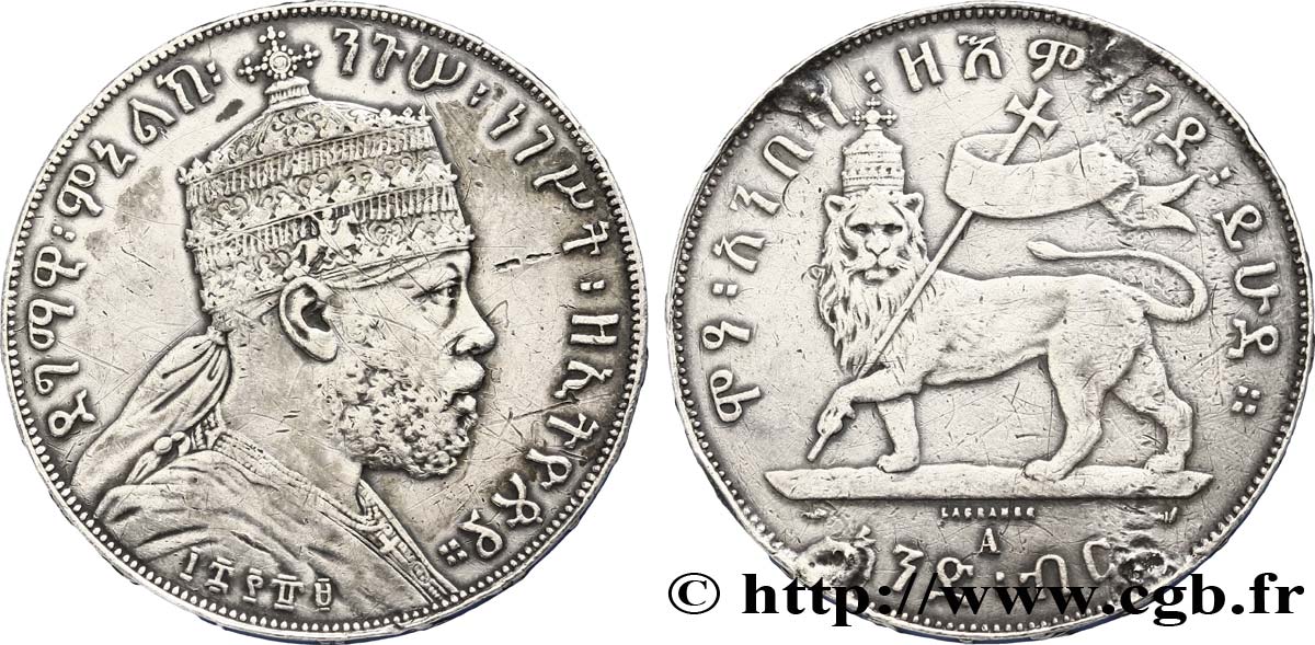 ÉTHIOPIE 1 Birr roi Menelik II EE1887 1889 Paris TB+