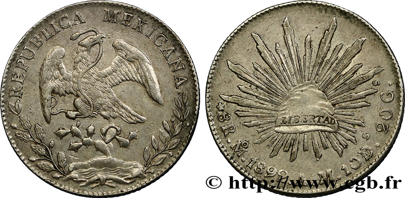 MEXICO 8 Reales Aigle / bonnet phrygien sur soleil surfrappe 1892 Mexico AU 