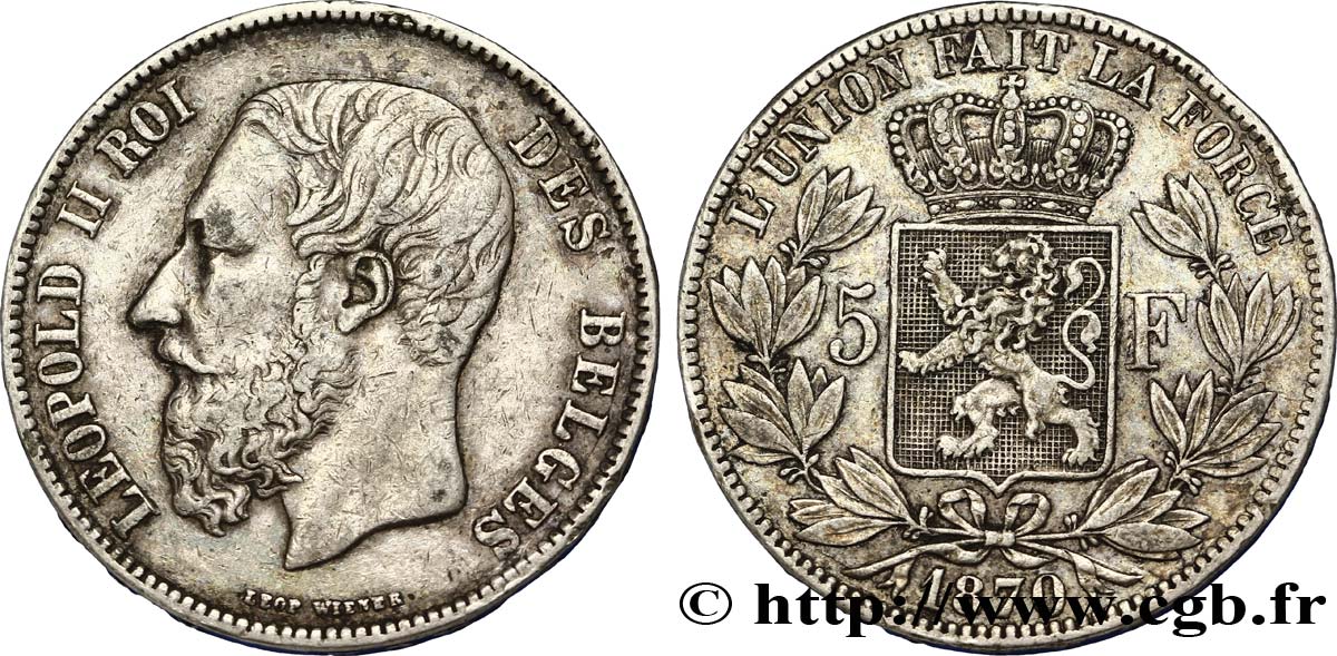 BELGIQUE 5 Francs Léopold II / Écu couronné 1870  TTB 