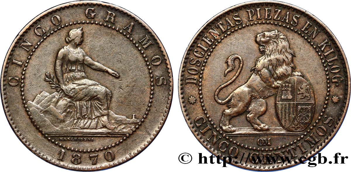 SPANIEN 5 Centimos “ESPAÑA” assise / lion au bouclier 1870 Oeschger Mesdach & CO fVZ 