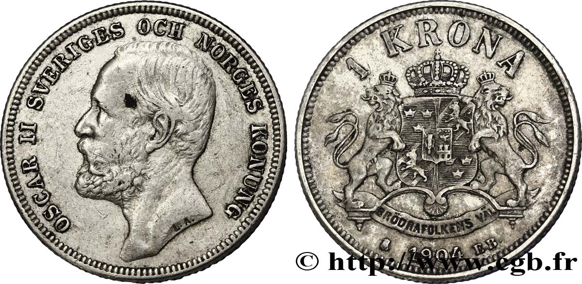 SUÈDE 1 Krona Oscar II roi de Suède et de Norvège 1904  TTB 