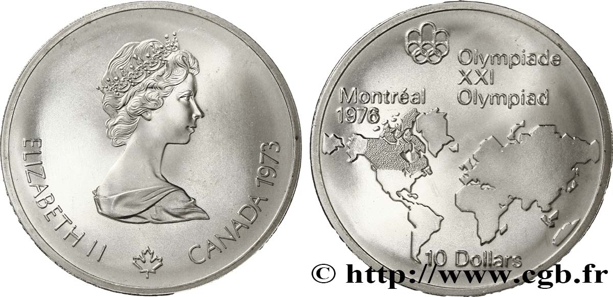CANADA 10 Dollars JO Montréal 1976 carte du Monde / Elisabeth II 1973  FDC 