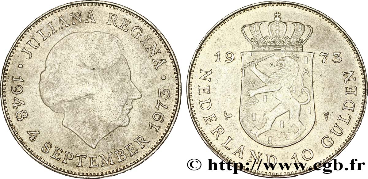 NIEDERLANDE 10 Gulden 25e anniversaire de règne, reine Juliana 1973 Utrecht VZ 