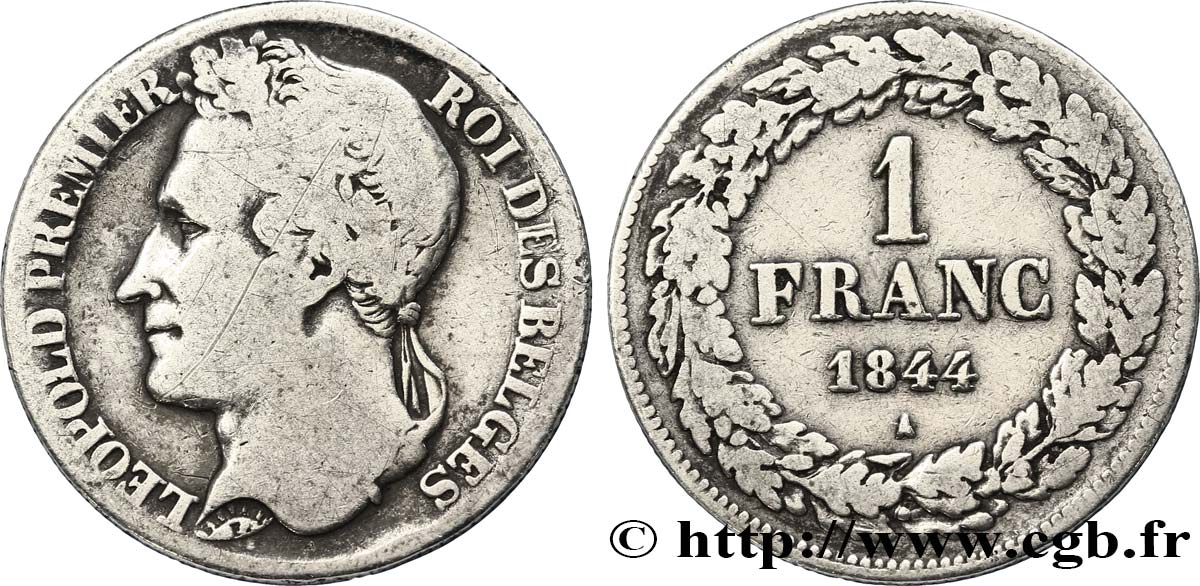 BELGIQUE 1 Franc Léopold tête laurée 1844  TB/TTB 