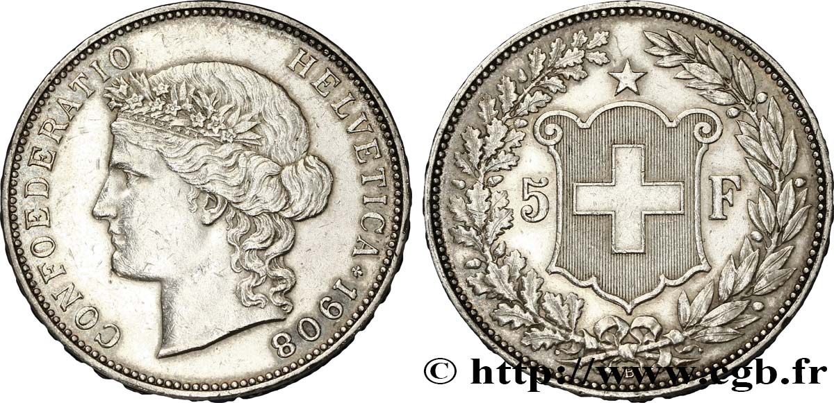 SUISSE 5 Francs Helvetia buste 1908 Berne - B TTB 