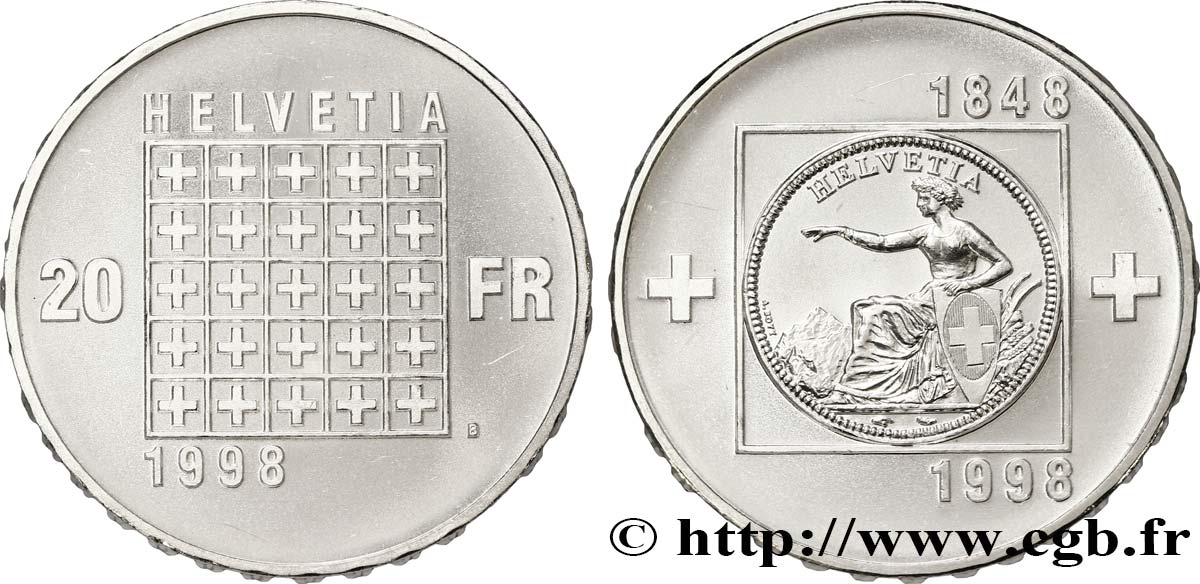 SUISSE 20 Francs BE 150e anniversaire de la Confédération 1998 Berne - B SPL 