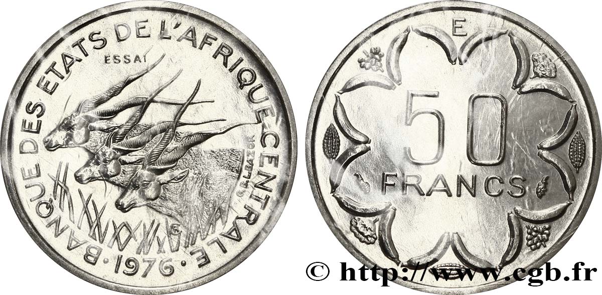 ÉTATS DE L AFRIQUE CENTRALE Essai de 50 Francs antilopes lettre ‘D’ Gabon 1976 Paris FDC 