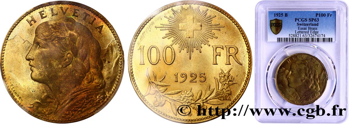SWITZERLAND Essai de 100 Francs  Vreneli  1925 Berne - B MS63 PCGS