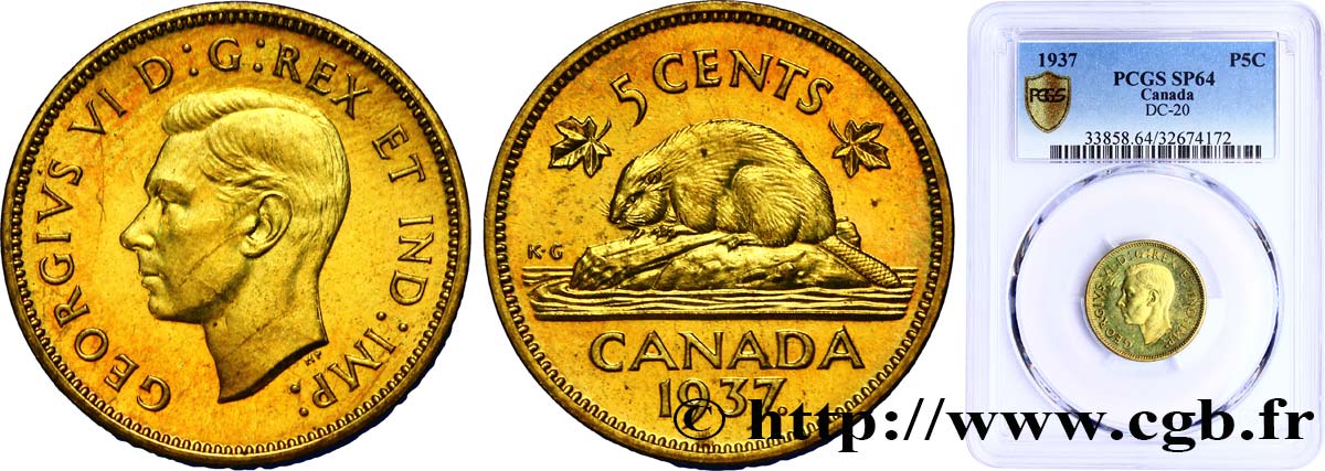 CANADA - GEORGES VI Essai de frappe 5 Cents Laiton 1937 - SC64 PCGS