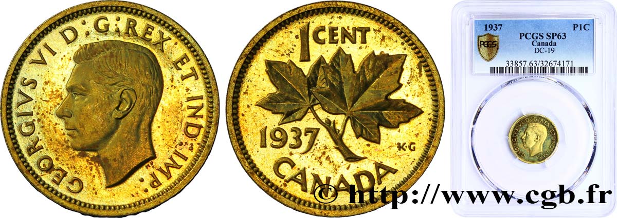 CANADA - GEORGES VI Essai de frappe 1 Cent Laiton 1937 - SC63 PCGS