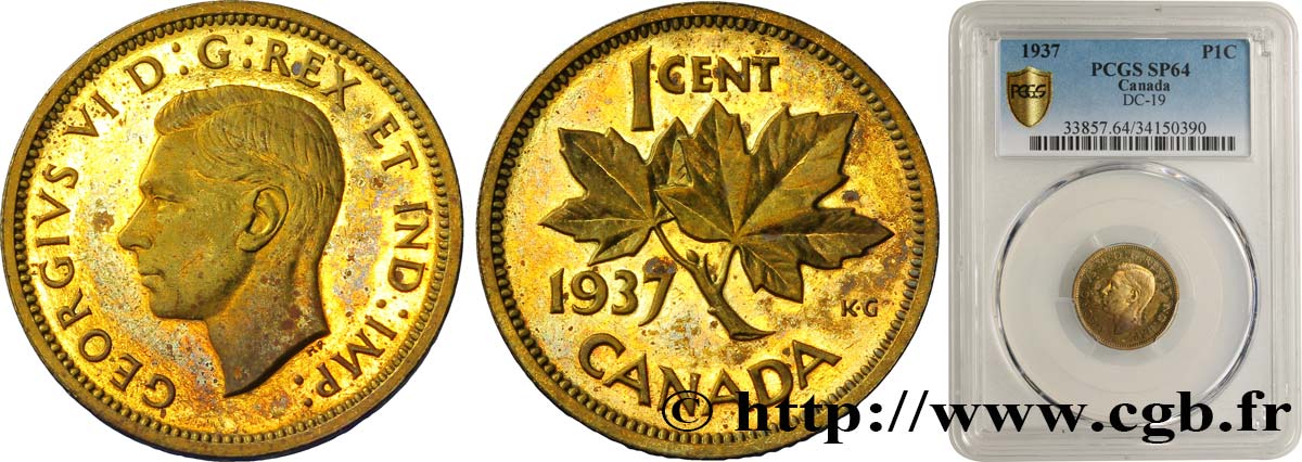 CANADA Essai de frappe 1 Cent Laiton Georges VI 1937 - MS64 PCGS