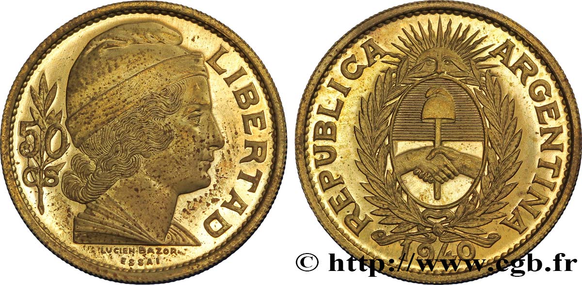 ARGENTINA Essai de 50 Centavos Bronze ou laiton (?) 1940 Paris FDC 