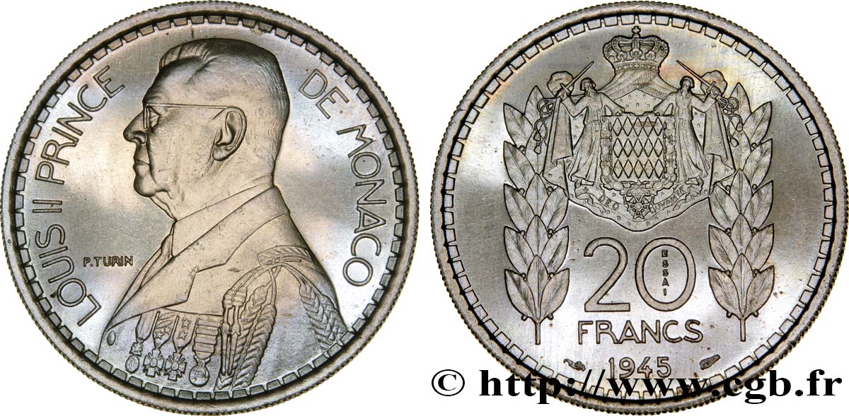 MONACO Essai de 20 Francs Turin Louis II 1945 Paris MS 