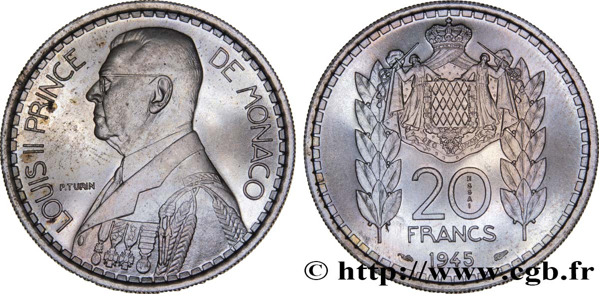 MONACO Essai de 20 Francs Turin Louis II 1945 Paris AU 