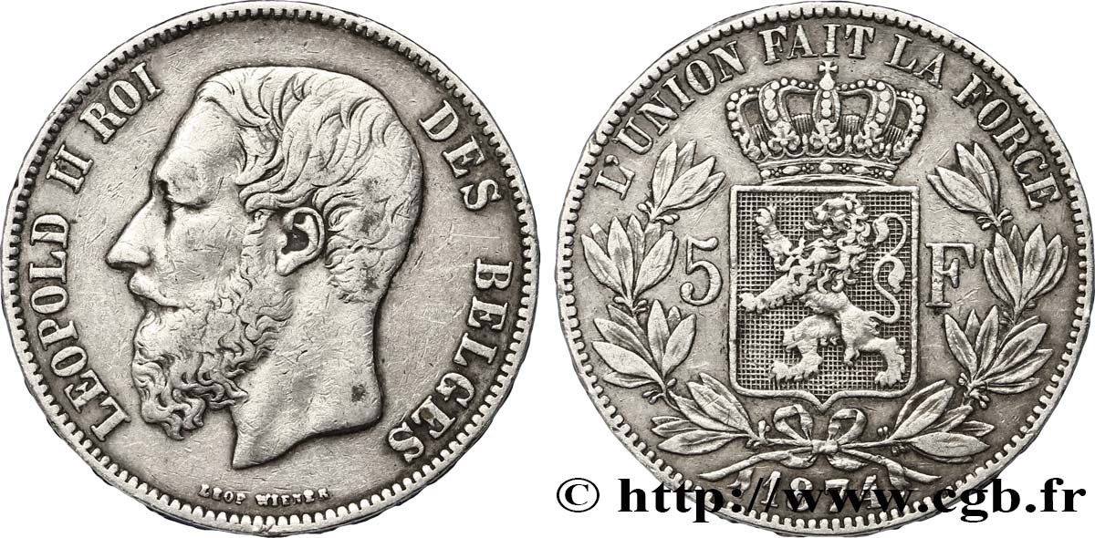 BELGIQUE 5 Francs Léopold II  1874  TB+ 