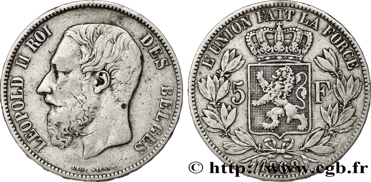 BÉLGICA 5 Francs Léopold II / Écu couronné 1869  BC+ 