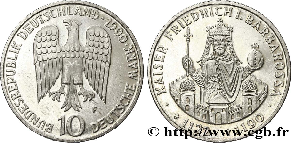 GERMANY 10 Mark aigle héraldique / 800e anniversaire de la mort de Frédéric Barberousse 1990 Stuttgart MS 