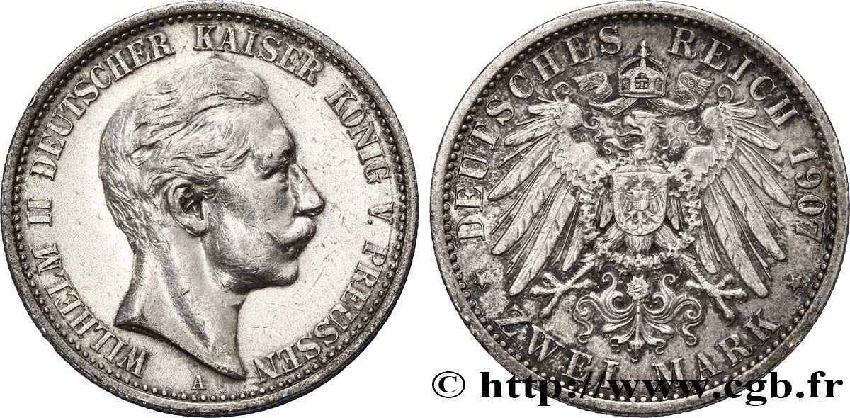 GERMANY - PRUSSIA 2 Mark Royaume de Prusse : Guillaume II / aigle 1907 Berlin XF 