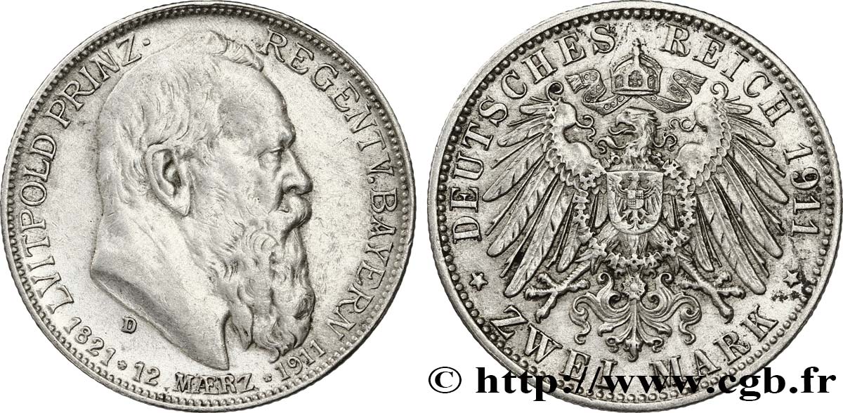 ALEMANIA - BAVIERA 2 Mark Léopold prince régent 1911 Munich - D EBC 