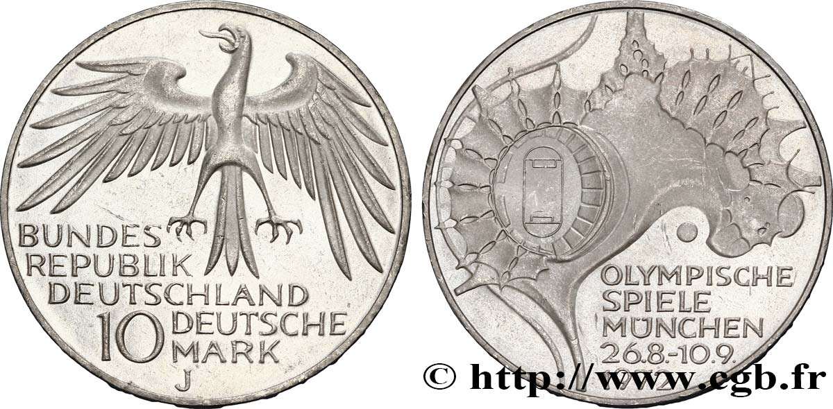 ALLEMAGNE 10 Mark / XXe J.O. Munich - Stade Olympique 1972 Hambourg - J SUP 