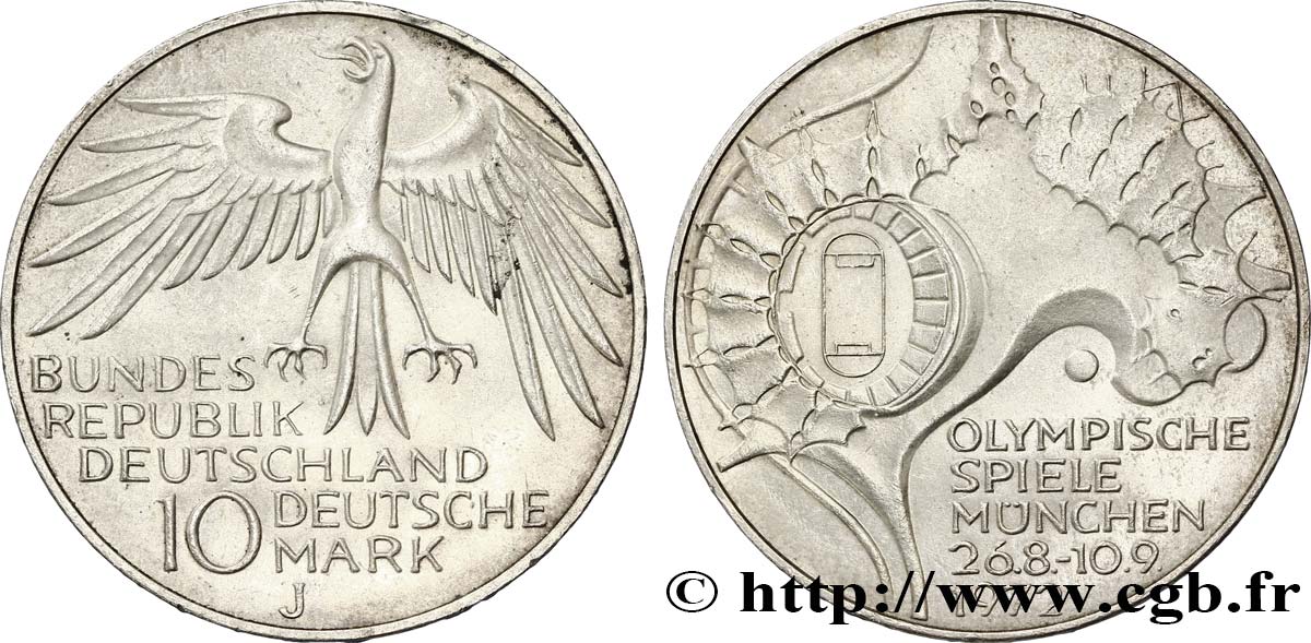 ALLEMAGNE 10 Mark / XXe J.O. Munich - Stade Olympique 1972 Hambourg - J SUP 