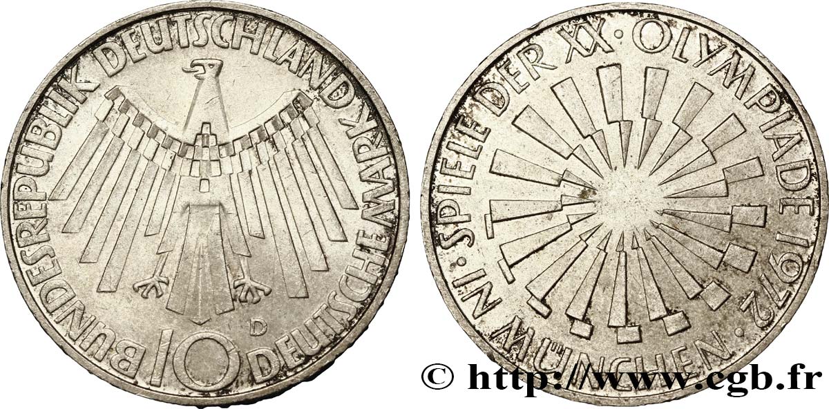 GERMANY 10 Mark XXe J.O. Munich / aigle “IN DEUTSCHLAND” 1972 Munich AU 